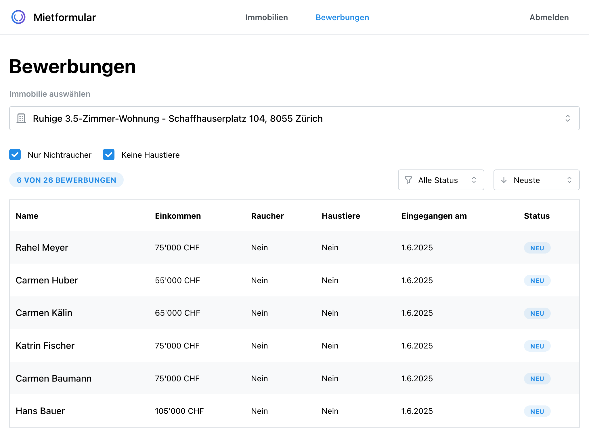 Bewerbungsübersicht Dashboard - Alle Mietbewerbungen übersichtlich verwalten